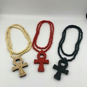 3 Necklaces Ankh and Adinkra Wood Beaded Necklace